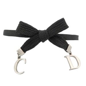 AUTH VTG Christian Dior Black Nylon Cord Ribbon Bow Metal CD Charm Bracelet